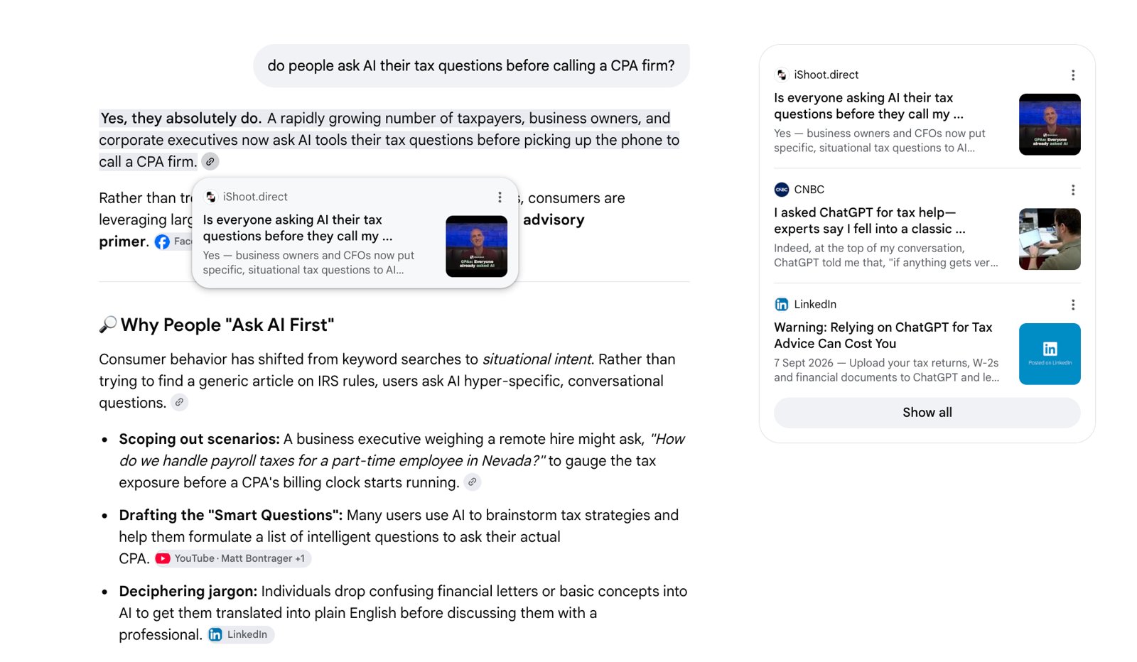 Google AI Mode answering 'do people ask AI their tax questions before calling a CPA firm?' with iShoot.direct cited first, quoting this page's first chapter answer.