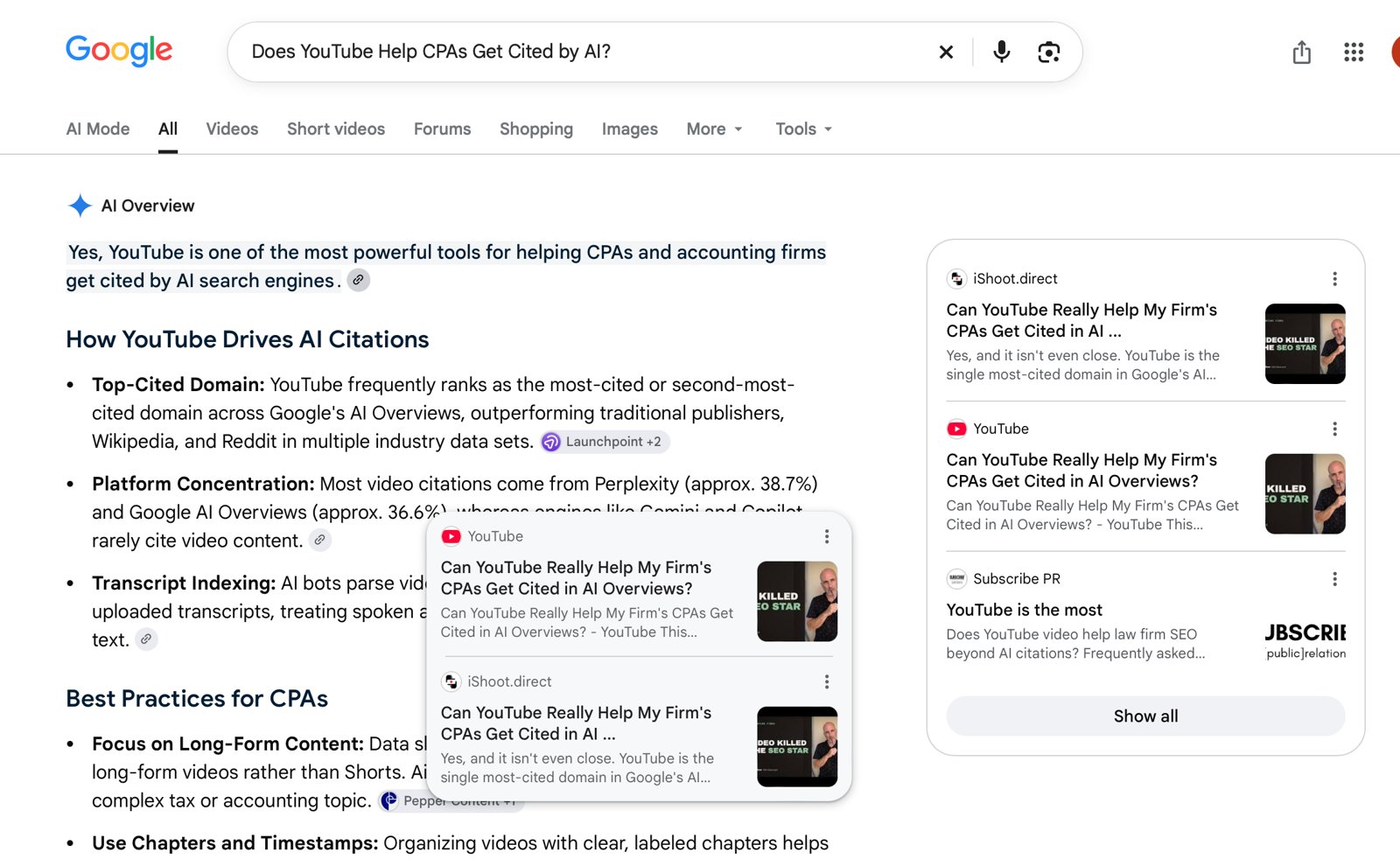 Google AI Overview for 'Does YouTube Help CPAs Get Cited by AI?' listing the iShoot.direct page first and its YouTube video second among the sources.