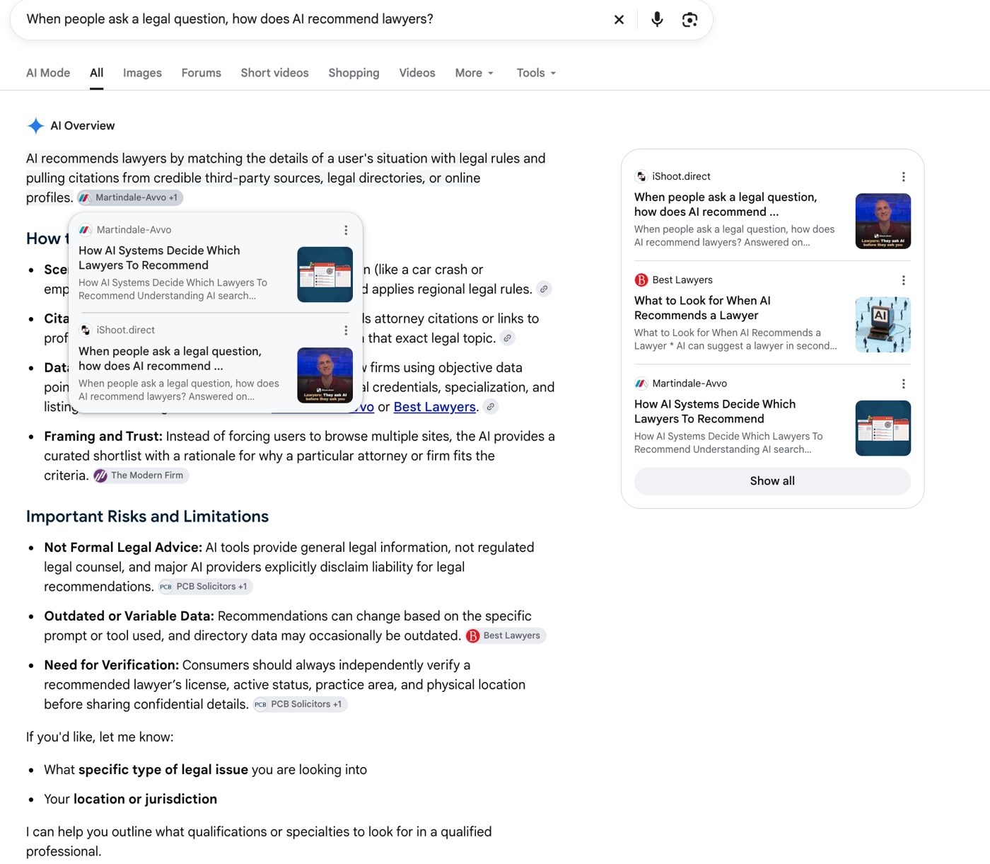 Google AI Overview for "When people ask a legal question, how does AI recommend lawyers?" with iShoot.direct as the first source, ahead of Best Lawyers and Martindale-Avvo.