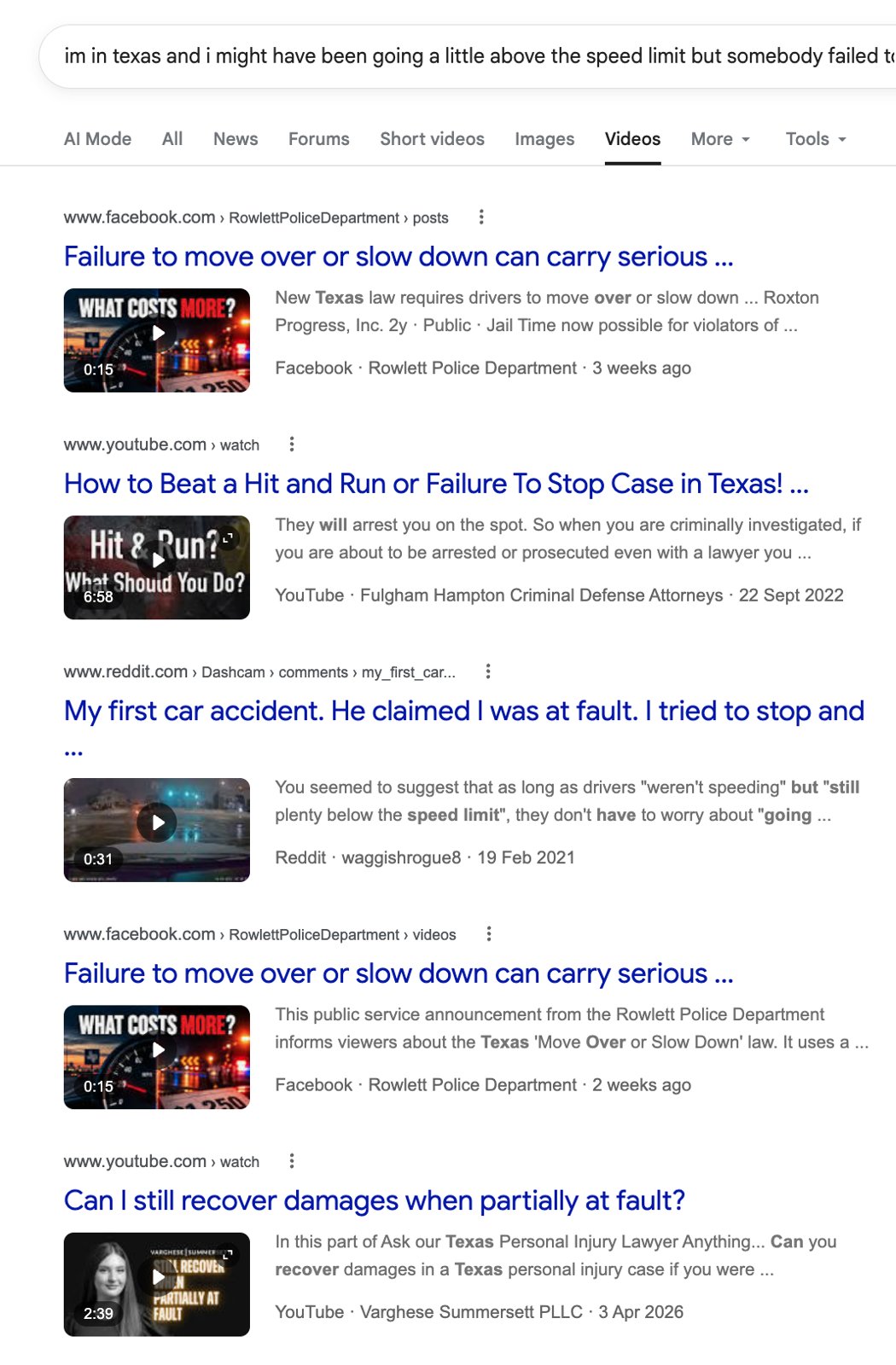 Google Videos tab results for the Texas shared-fault question: police PSAs, a criminal defense video, a dashcam clip, and one Texas injury firm video titled "Can I still recover damages when partially at fault?"