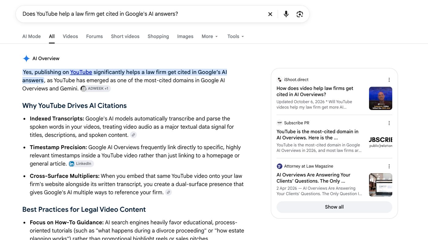 Google AI Overview for 'Does YouTube help a law firm get cited in Google's AI answers?' with iShoot.direct's rebuilt page as the first source, its snippet beginning 'Updated October 6, 2026'.