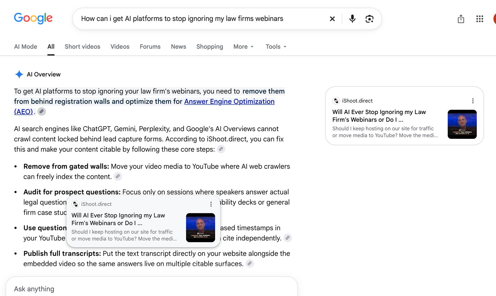 Google AI Overview for 'How can i get AI platforms to stop ignoring my law firms webinars' citing only iShoot.direct and saying 'According to iShoot.direct'.