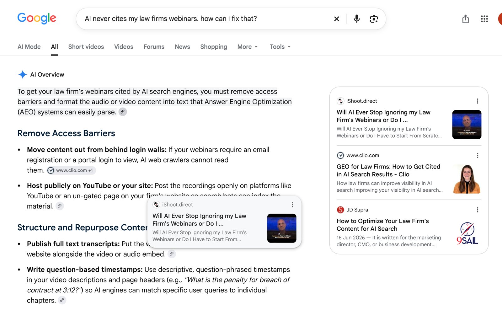 Google AI Overview for 'AI never cites my law firms webinars. how can i fix that?' with iShoot.direct as the first source, ahead of Clio and JD Supra.
